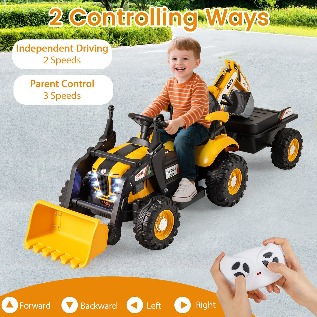 4-in-1 Kids Ride on Tractor 12V Excavator Bulldozer with Remote Control-Yellow view 6
