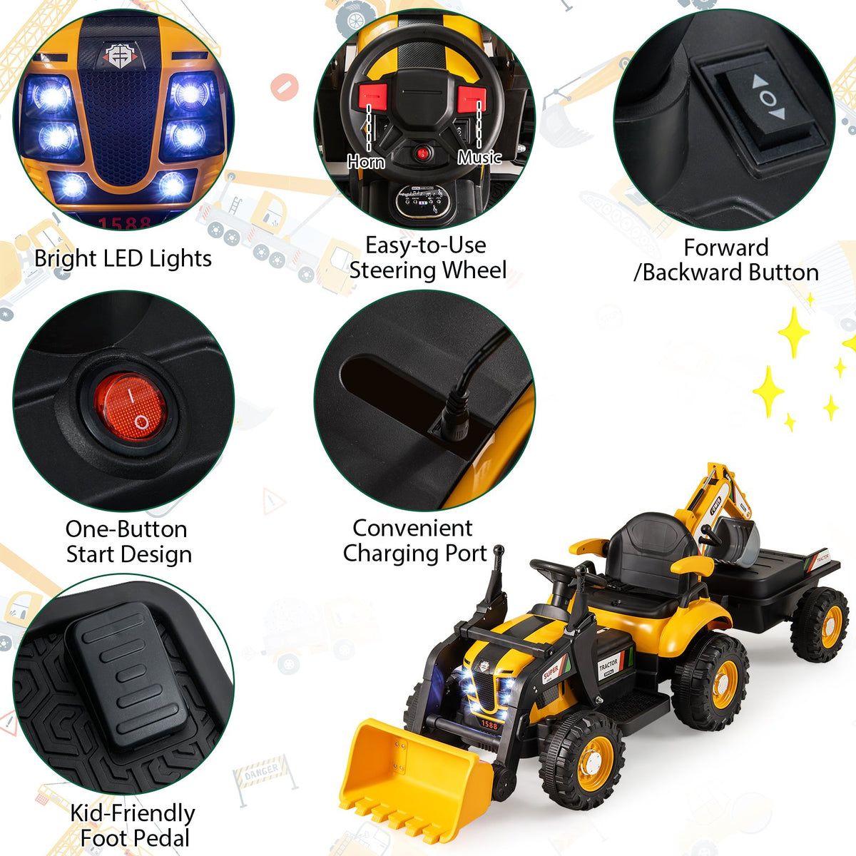 4-in-1 Kids Ride on Tractor 12V Excavator Bulldozer with Remote Control-Yellow view 8