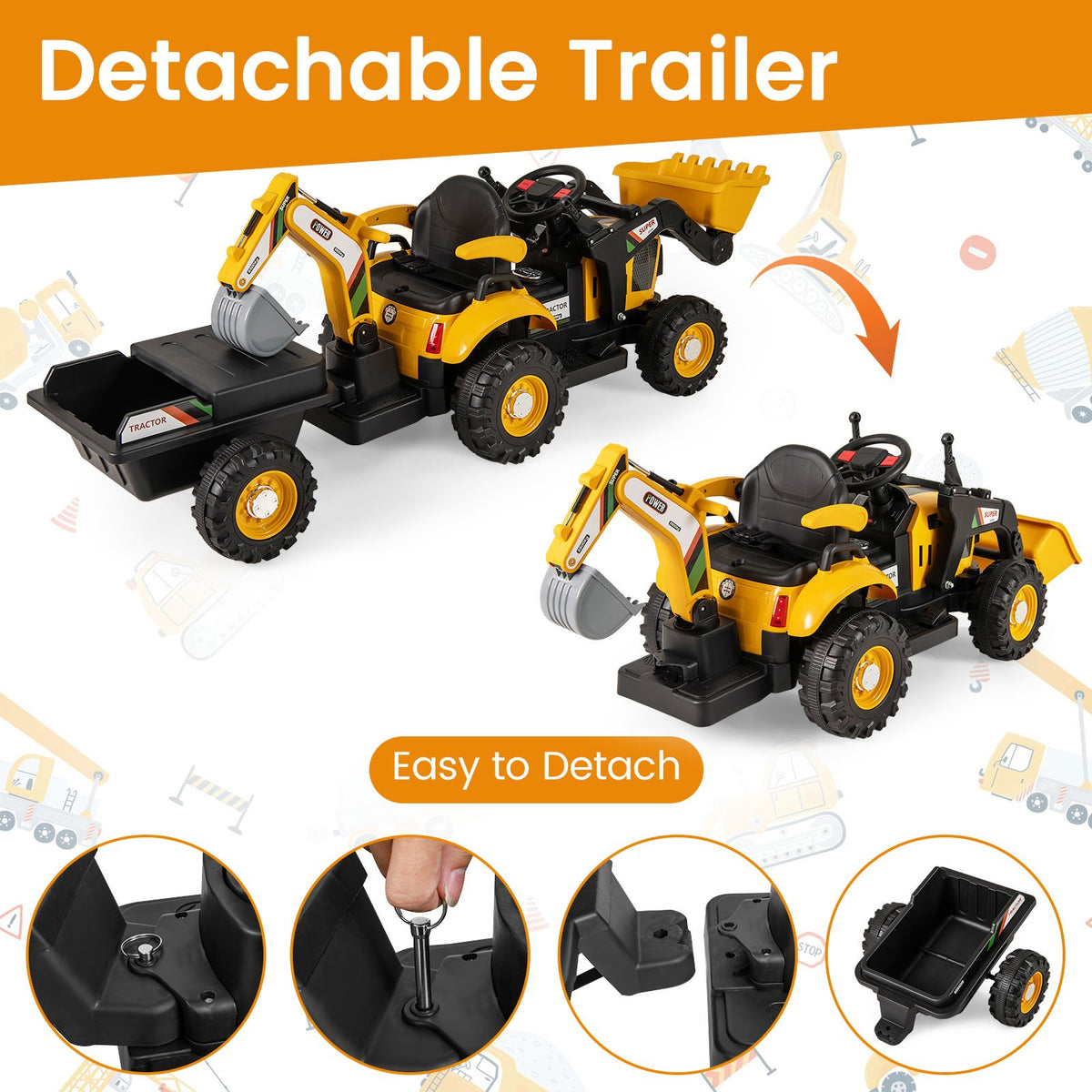 4-in-1 Kids Ride on Tractor 12V Excavator Bulldozer with Remote Control-Yellow view 9