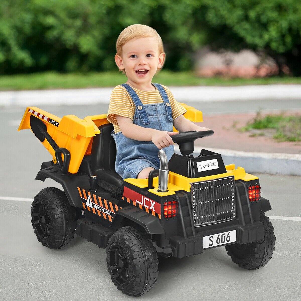 12V Battery Kids Ride On Dump Truck with Electric Bucket and Dump Bed-Yellow view 3