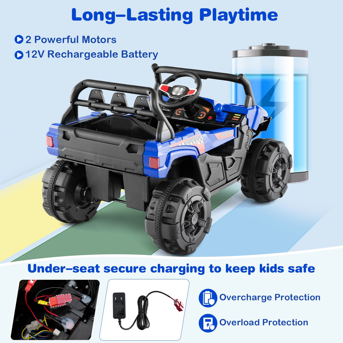 12V Battery Powered Electric Vehicle with Remote Control and 3 Speeds-Blue view 7