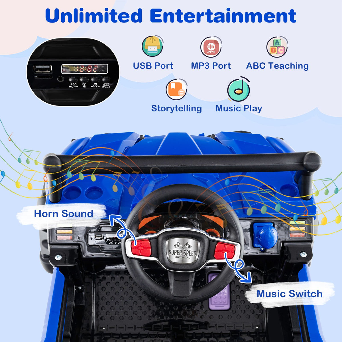 12V Battery Powered Electric Vehicle with Remote Control and 3 Speeds-Blue view 9