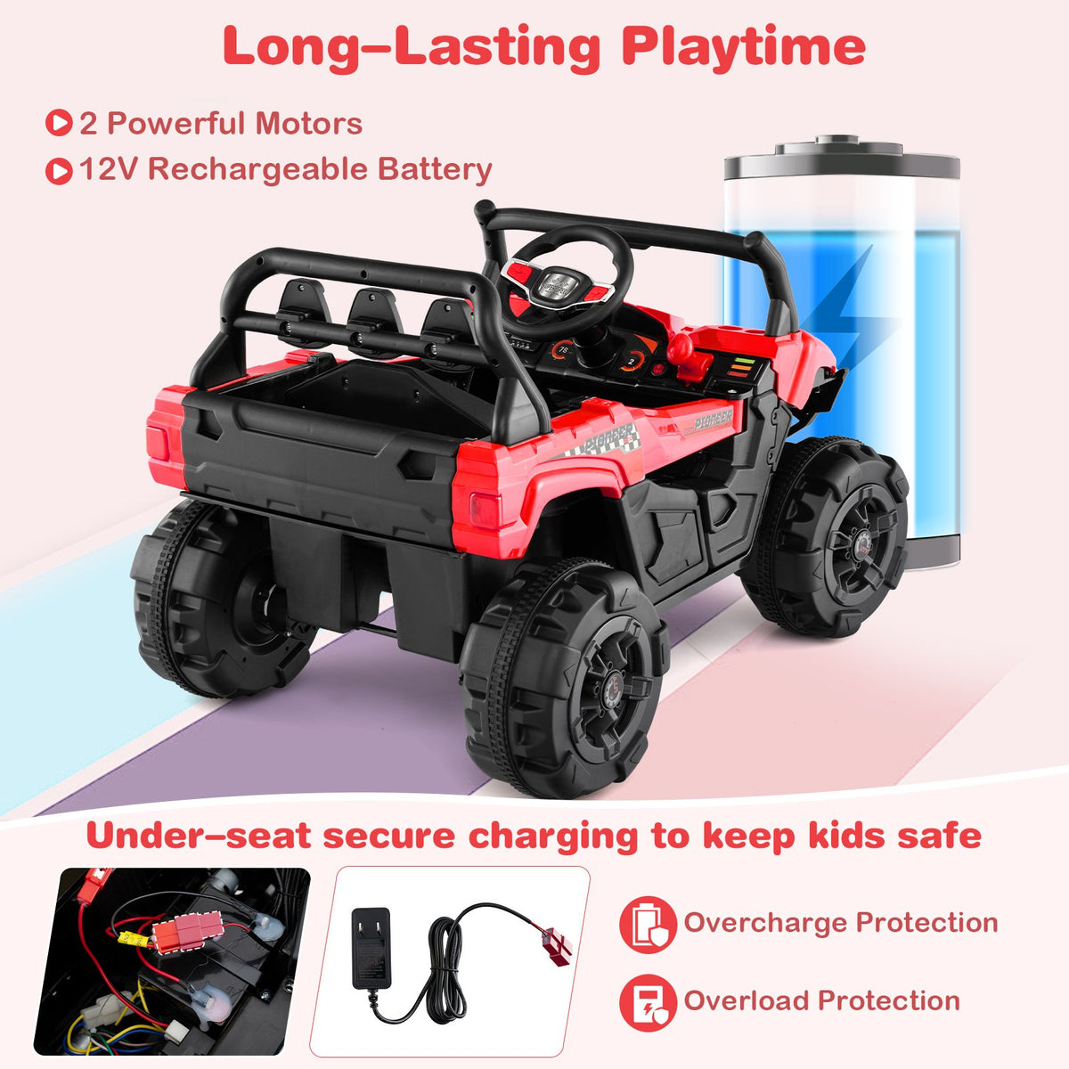 12V Battery Powered Electric Vehicle with Remote Control and 3 Speeds-Red view 7