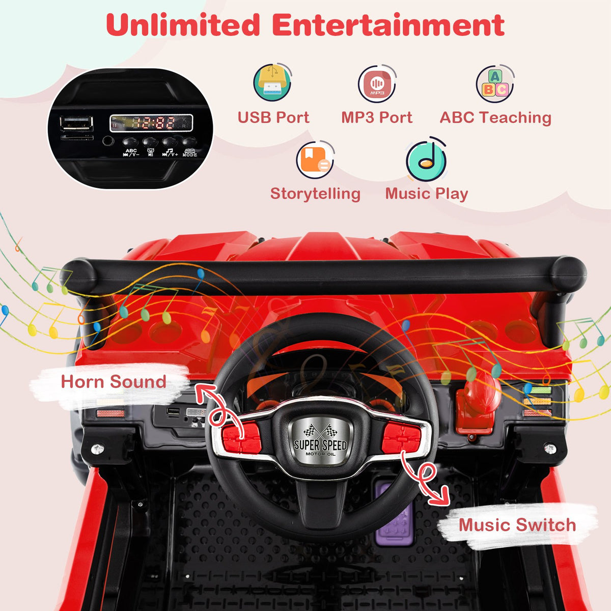 12V Battery Powered Electric Vehicle with Remote Control and 3 Speeds-Red view 8