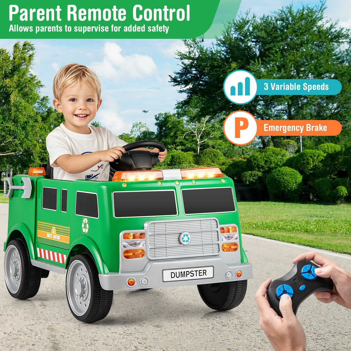 12V Battery Powered Electric Vehicle with Remote Control and Trash Bin-Green view 2