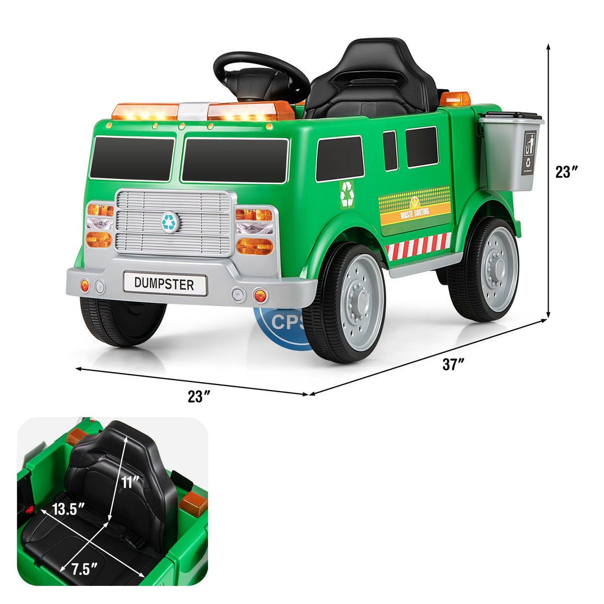 12V Battery Powered Electric Vehicle with Remote Control and Trash Bin-Green view 4