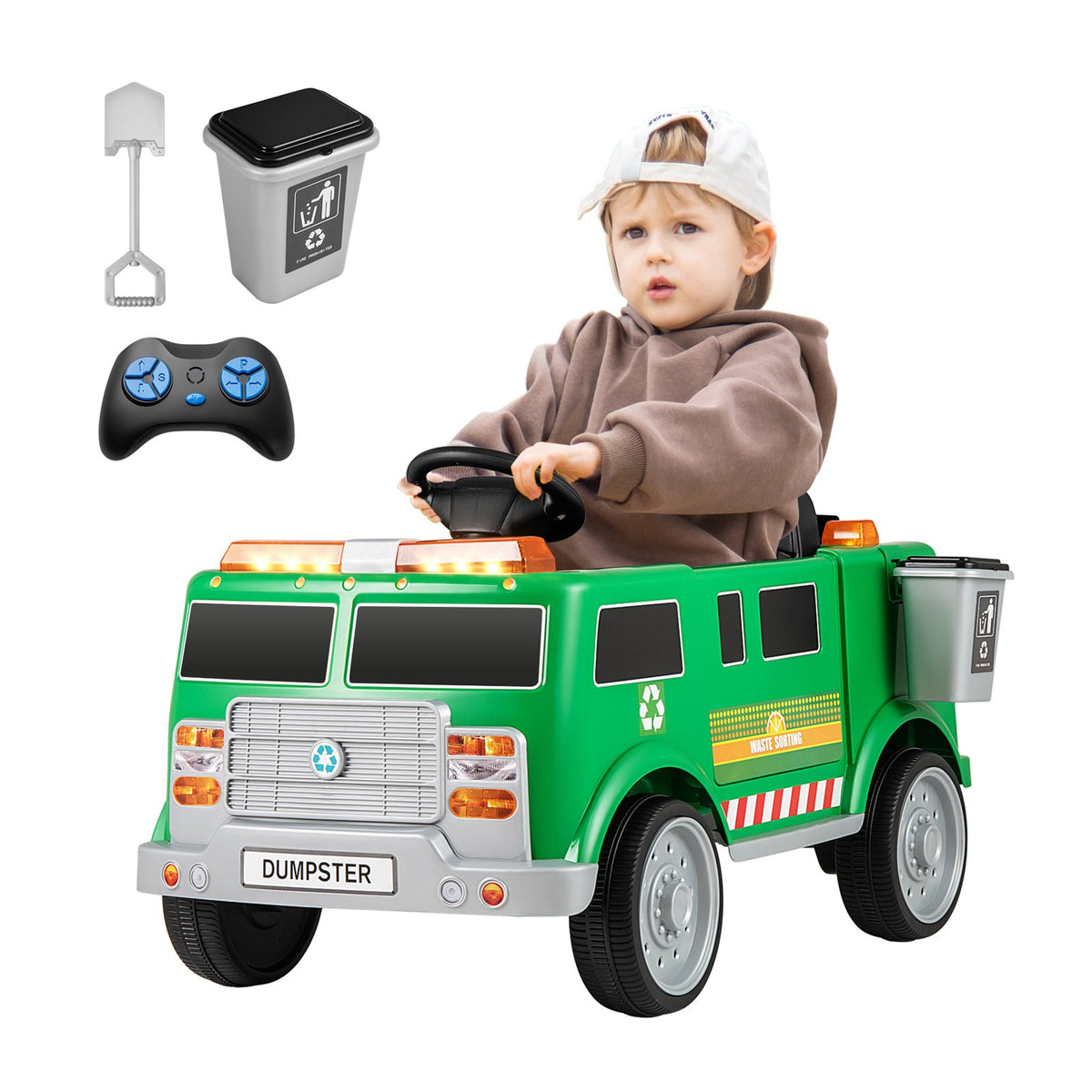 12V Battery Powered Electric Vehicle with Remote Control and Trash Bin-Green view 5