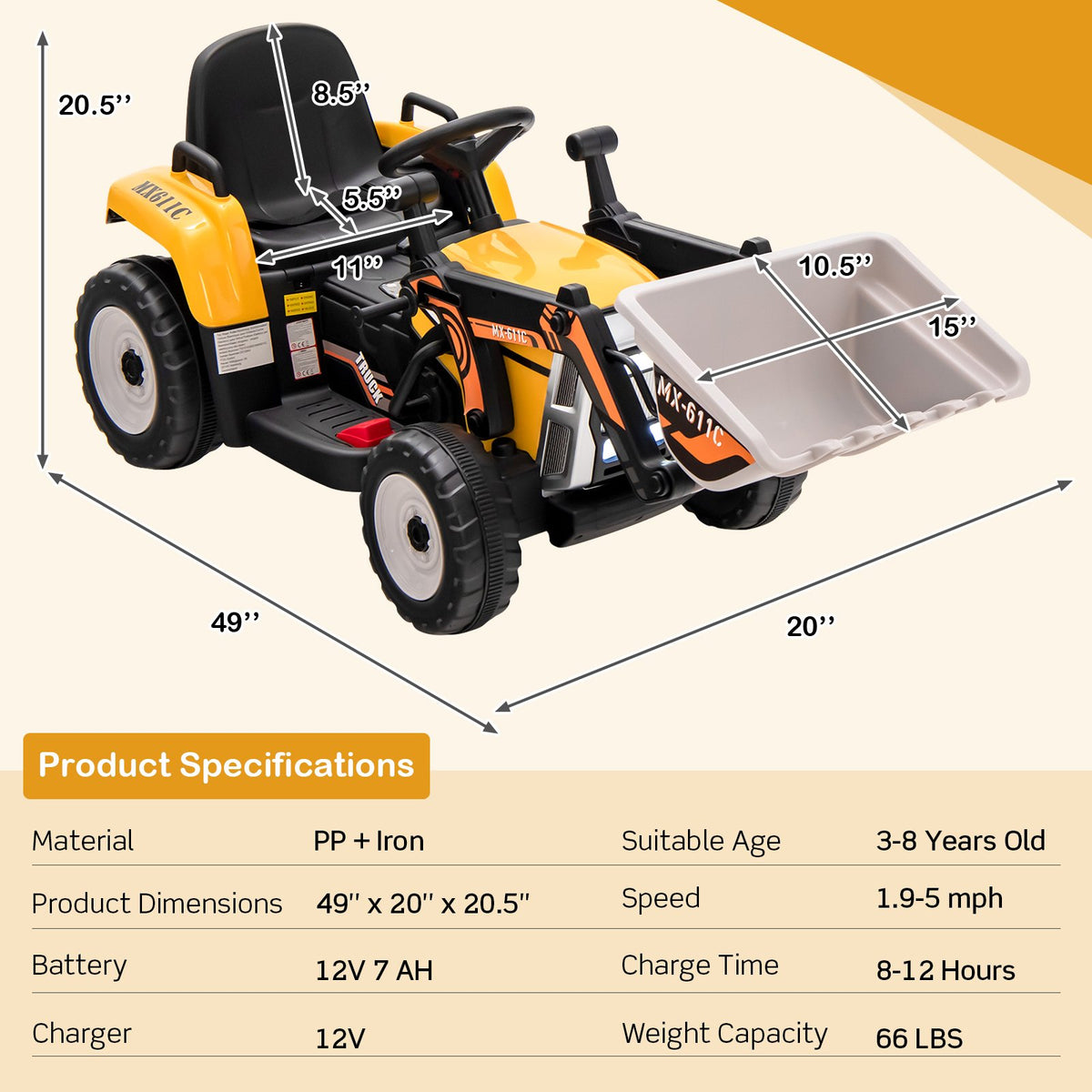12V Battery Powered Kids Ride on Excavator with Adjustable Arm and Bucket-Yellow view 4