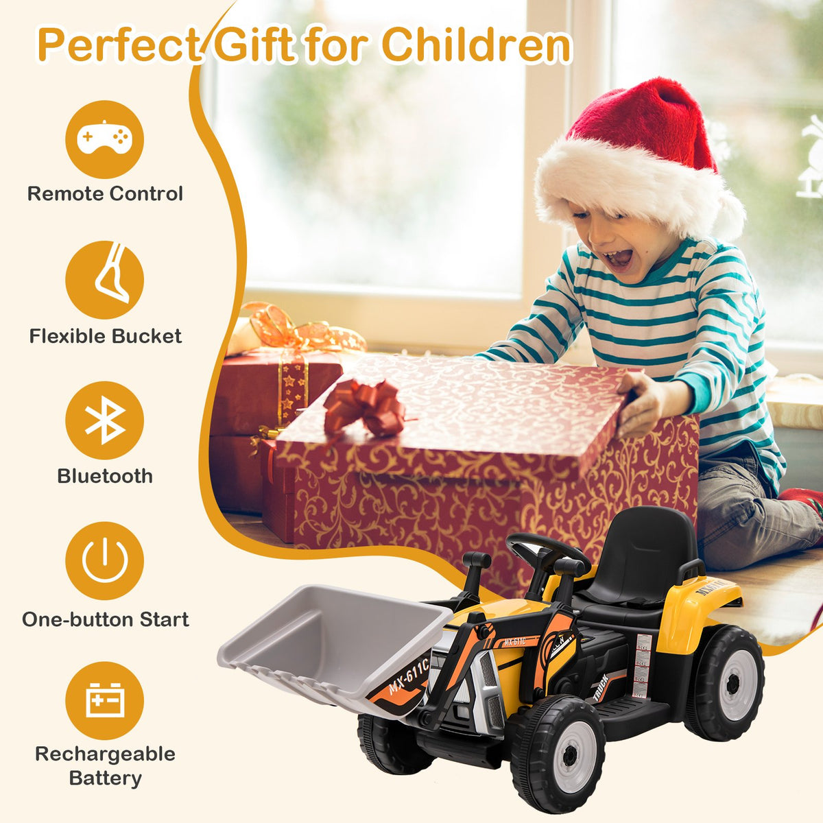 12V Battery Powered Kids Ride on Excavator with Adjustable Arm and Bucket-Yellow view 7