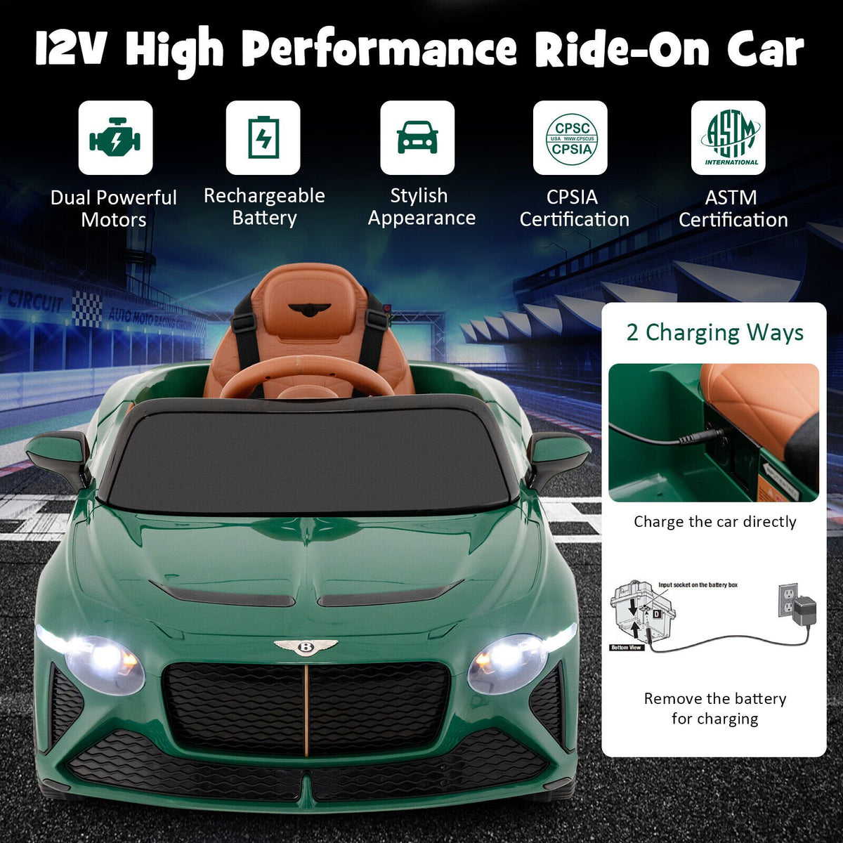 12V Powered Car Kids Ride-on Racer Car Licensed Bentley Bacalar-Green view 8