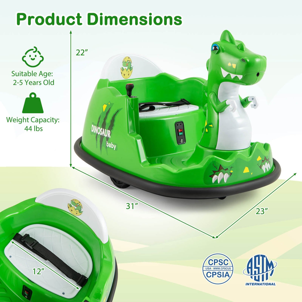 12V Bumper Car with Spray Function and Remote Control for Toddlers Aged 2-5-Green view 5
