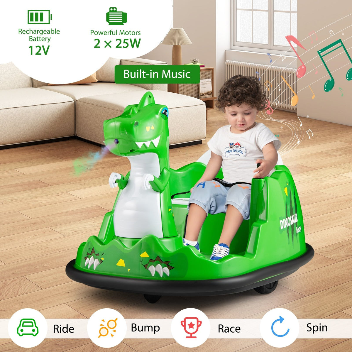 12V Bumper Car with Spray Function and Remote Control for Toddlers Aged 2-5-Green view 7