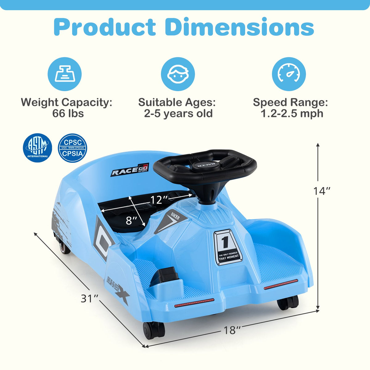 12V Electric Cleaning Go Kart with Detachable Mop and Remote Control-Blue view 4