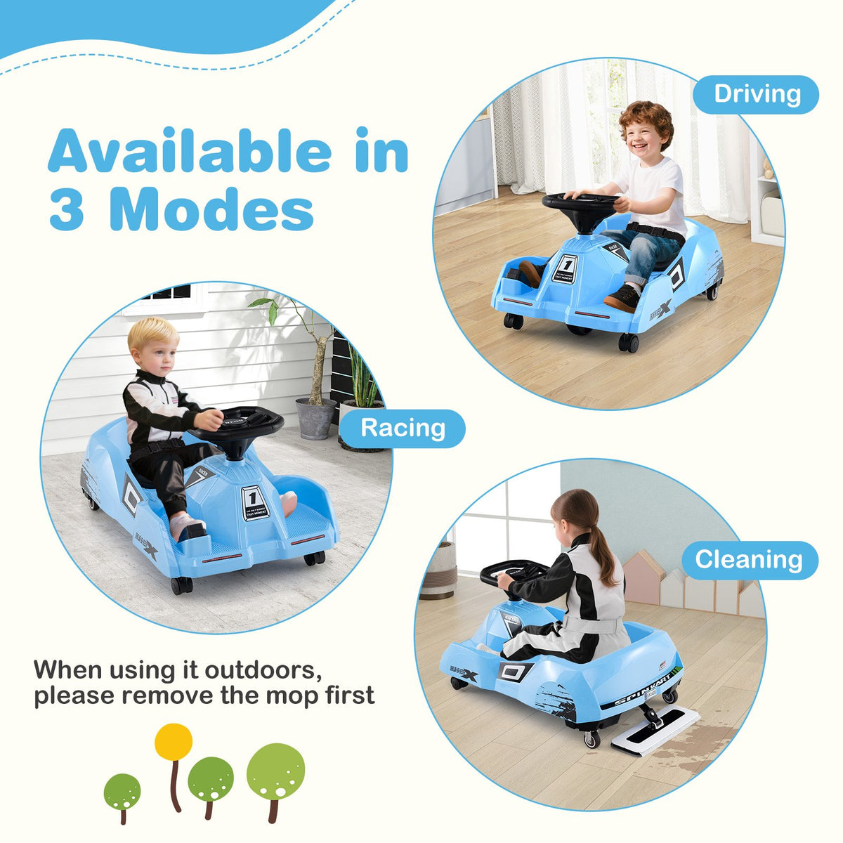 12V Electric Cleaning Go Kart with Detachable Mop and Remote Control-Blue view 5