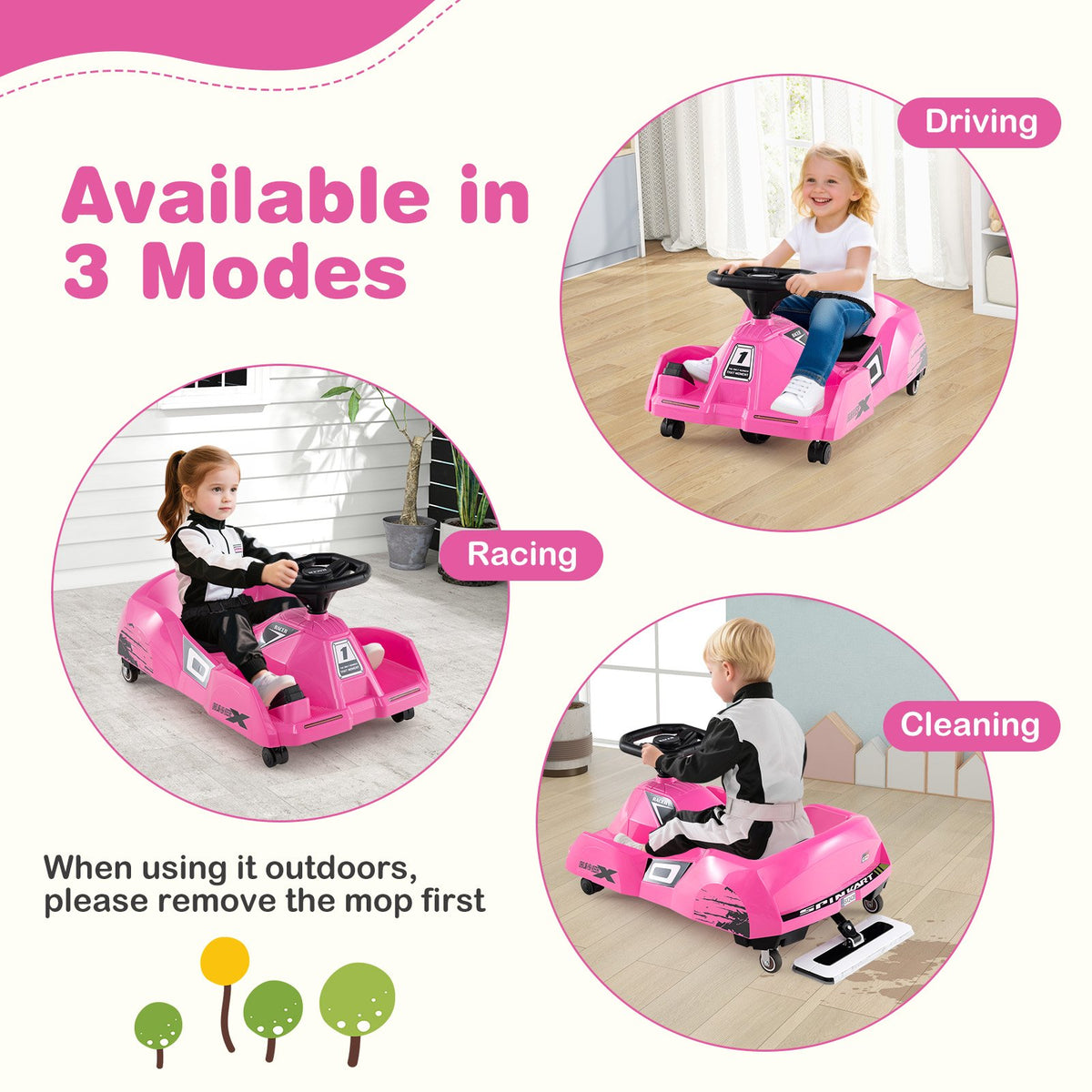 12V Electric Cleaning Go Kart with Detachable Mop and Remote Control-Pink view 5