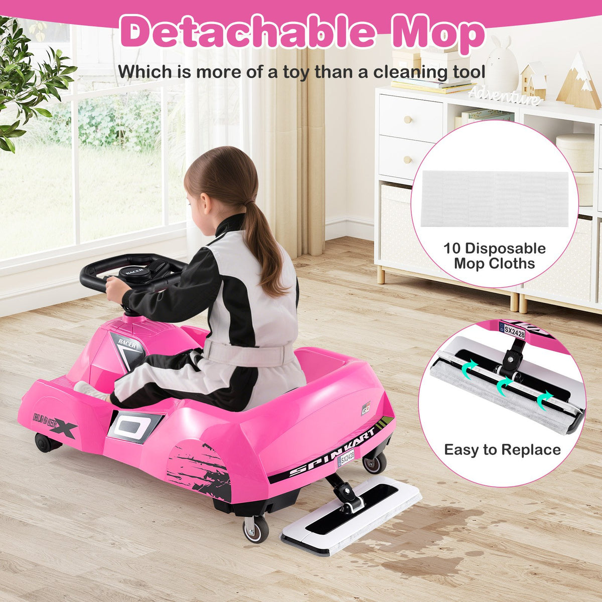 12V Electric Cleaning Go Kart with Detachable Mop and Remote Control-Pink view 6