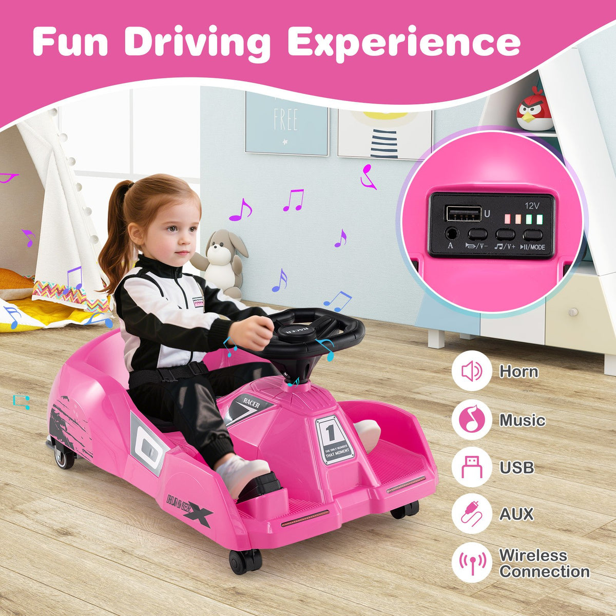 12V Electric Cleaning Go Kart with Detachable Mop and Remote Control-Pink view 7