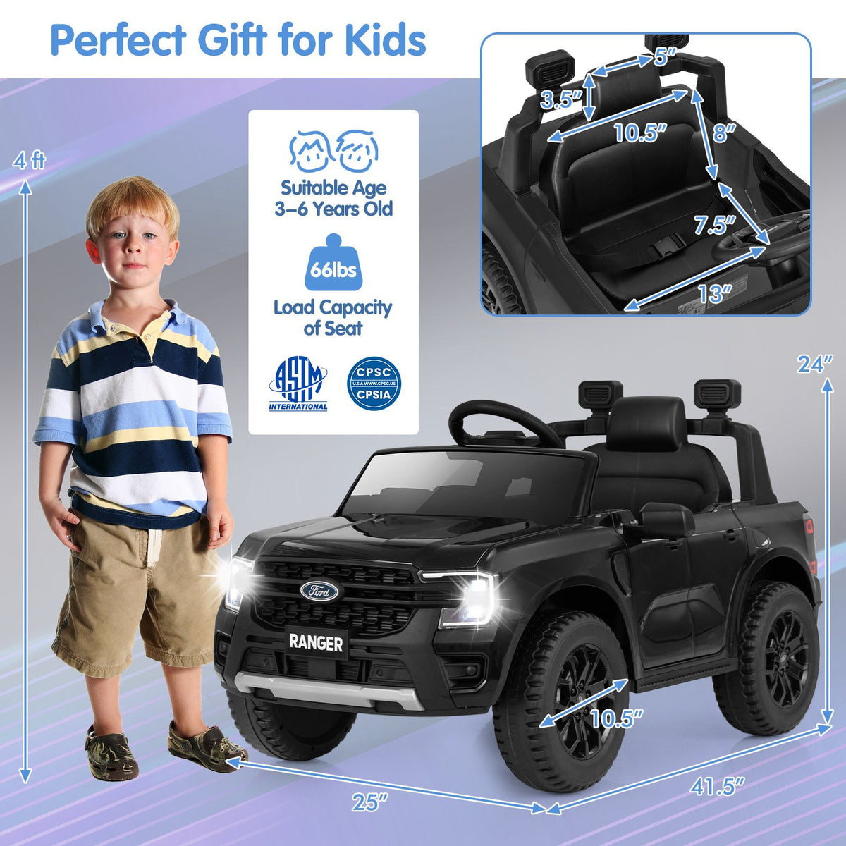 12V Electric Kids Ride on Car Licensed Ford Ranger with Remote Control and Music-Black view 4