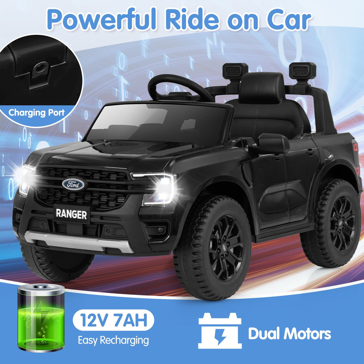 12V Electric Kids Ride on Car Licensed Ford Ranger with Remote Control and Music-Black view 5