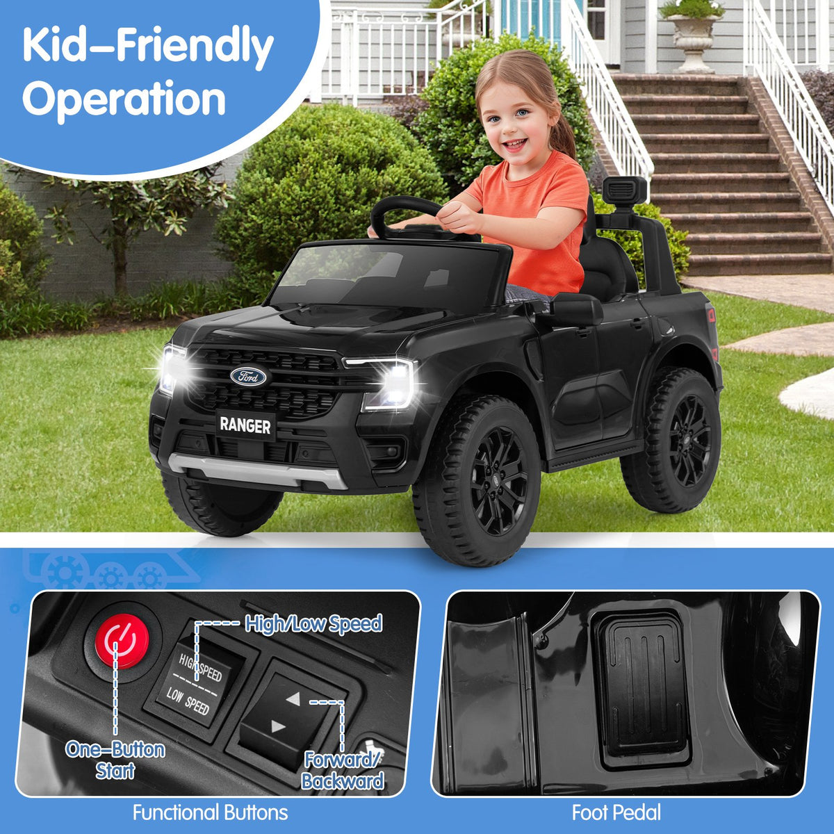 12V Electric Kids Ride on Car Licensed Ford Ranger with Remote Control and Music-Black view 7