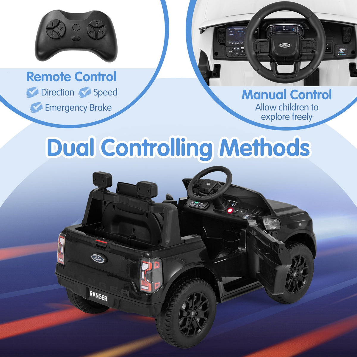 12V Electric Kids Ride on Car Licensed Ford Ranger with Remote Control and Music-Black view 9