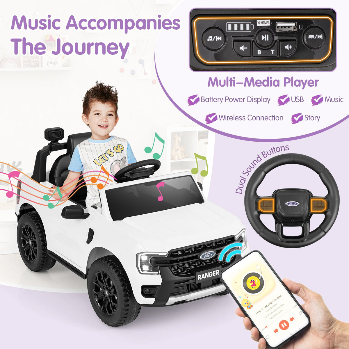 12V Electric Kids Ride on Car Licensed Ford Ranger with Remote Control and Music-White view 8