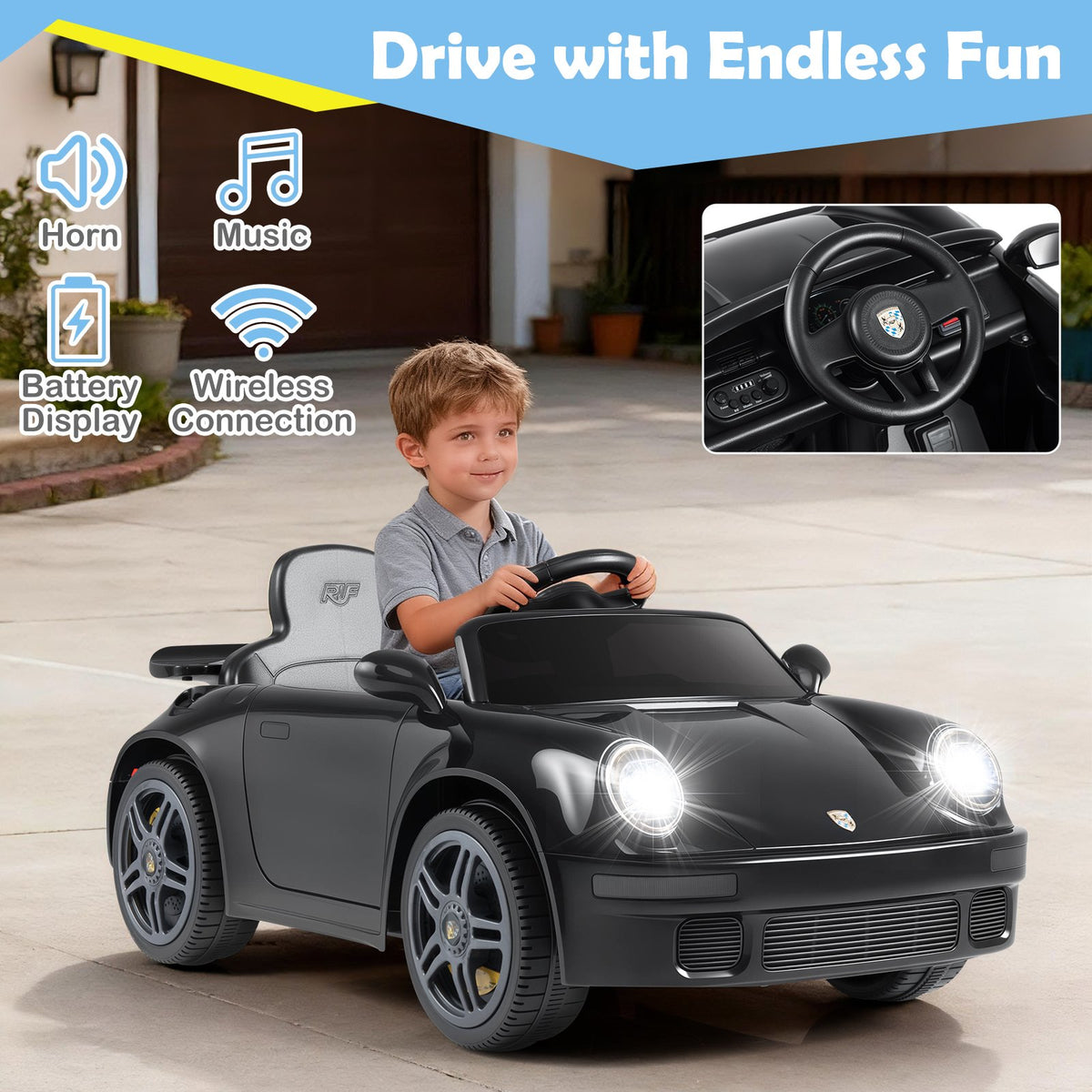 12V Electric Ride On Car Licensed RUF CTR with Remote Control and Music-Black view 7