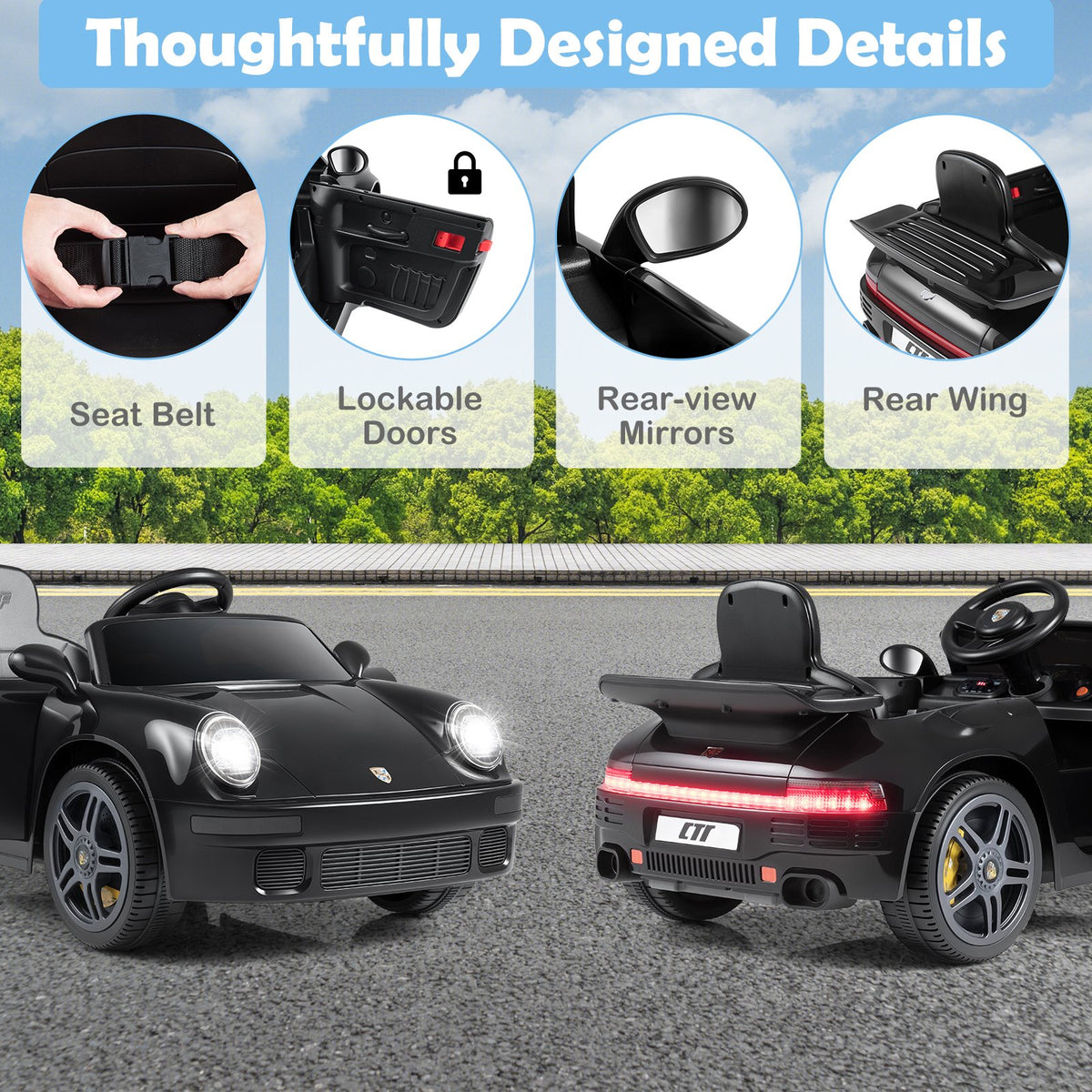 12V Electric Ride On Car Licensed RUF CTR with Remote Control and Music-Black view 9