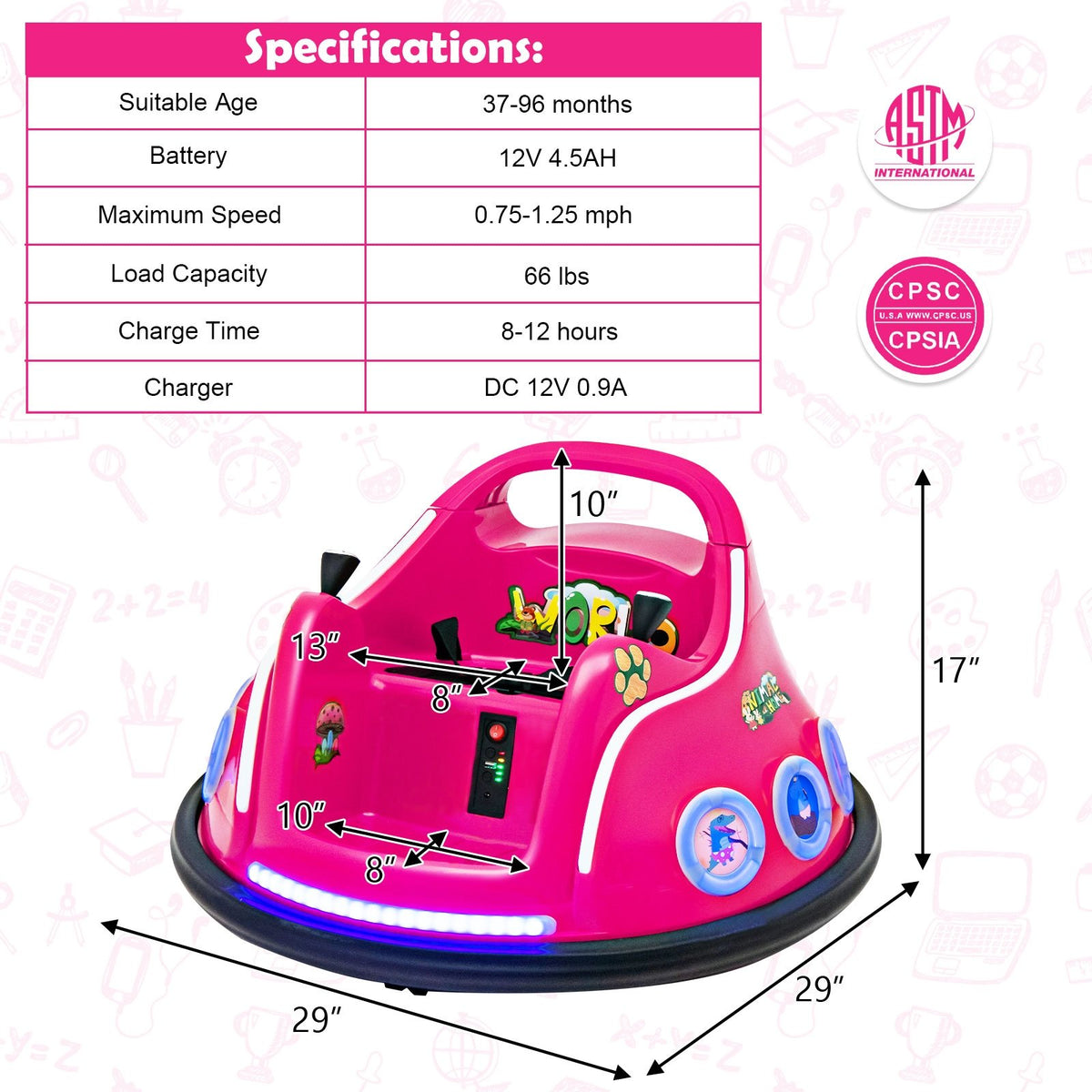 12V Electric Ride On Car with Remote Control and Flashing LED Lights-Pink view 4
