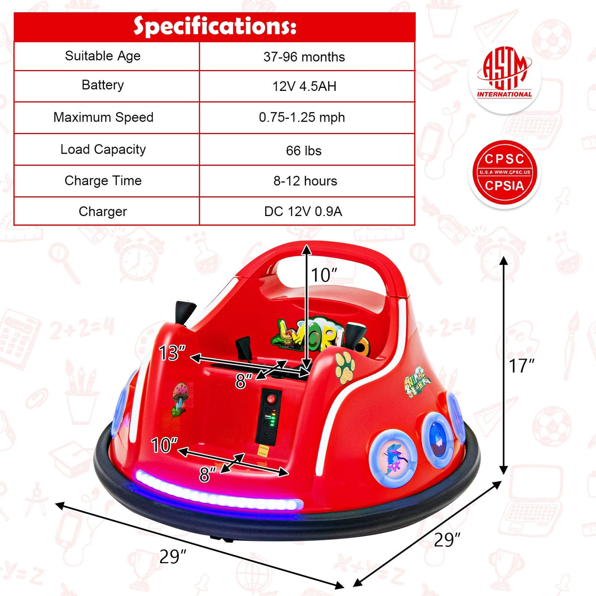 12V Electric Ride On Car with Remote Control and Flashing LED Lights-Red view 4