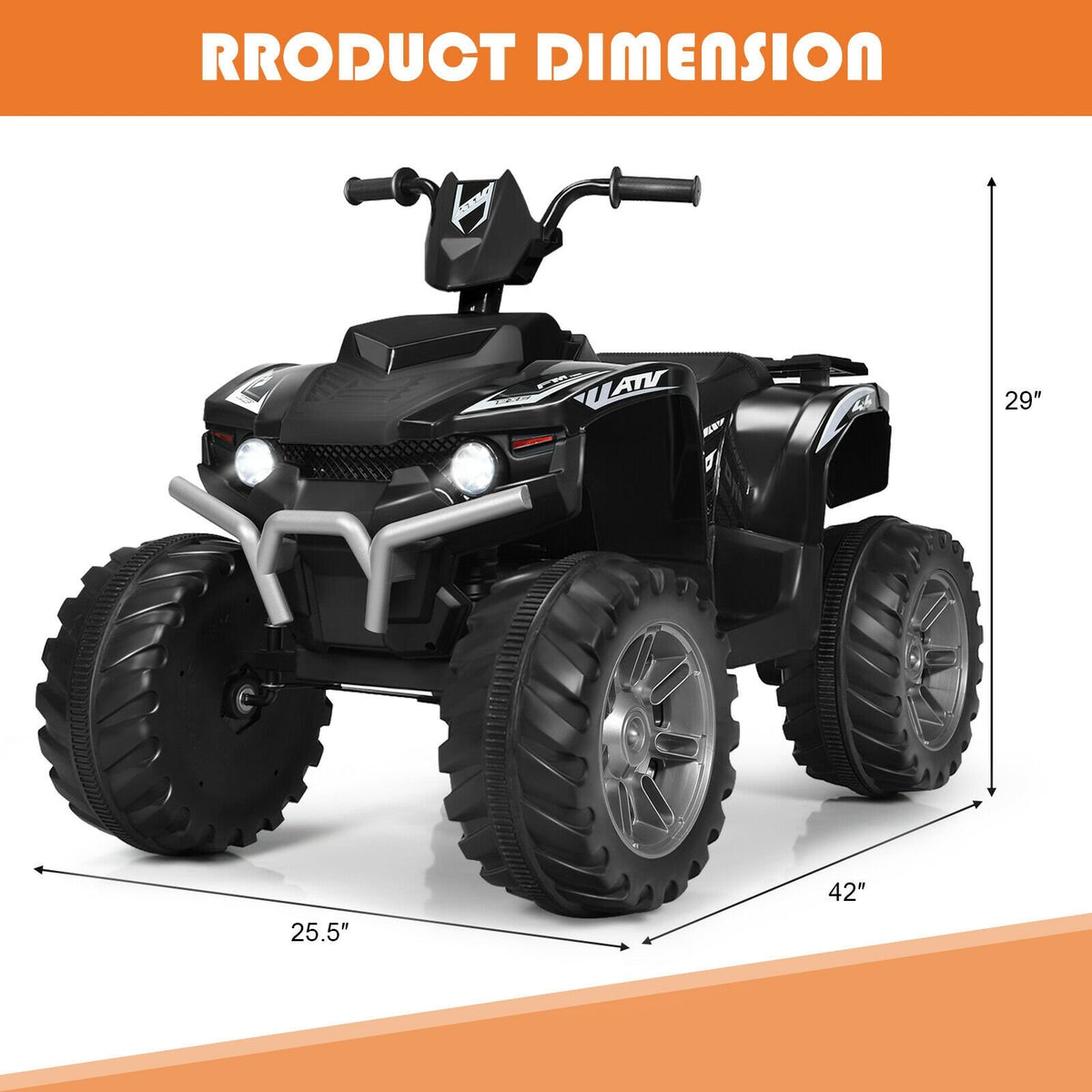 12V Kids Ride on ATV with LED Lights and Treaded Tires and LED lights-Black view 4