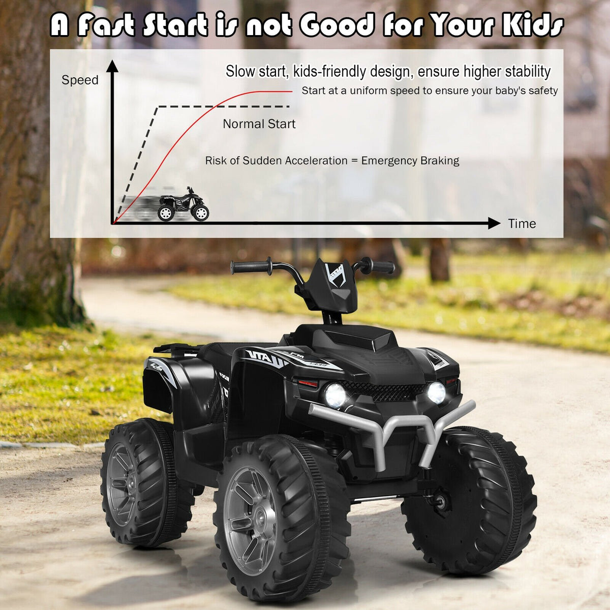 12V Kids Ride on ATV with LED Lights and Treaded Tires and LED lights-Black view 7