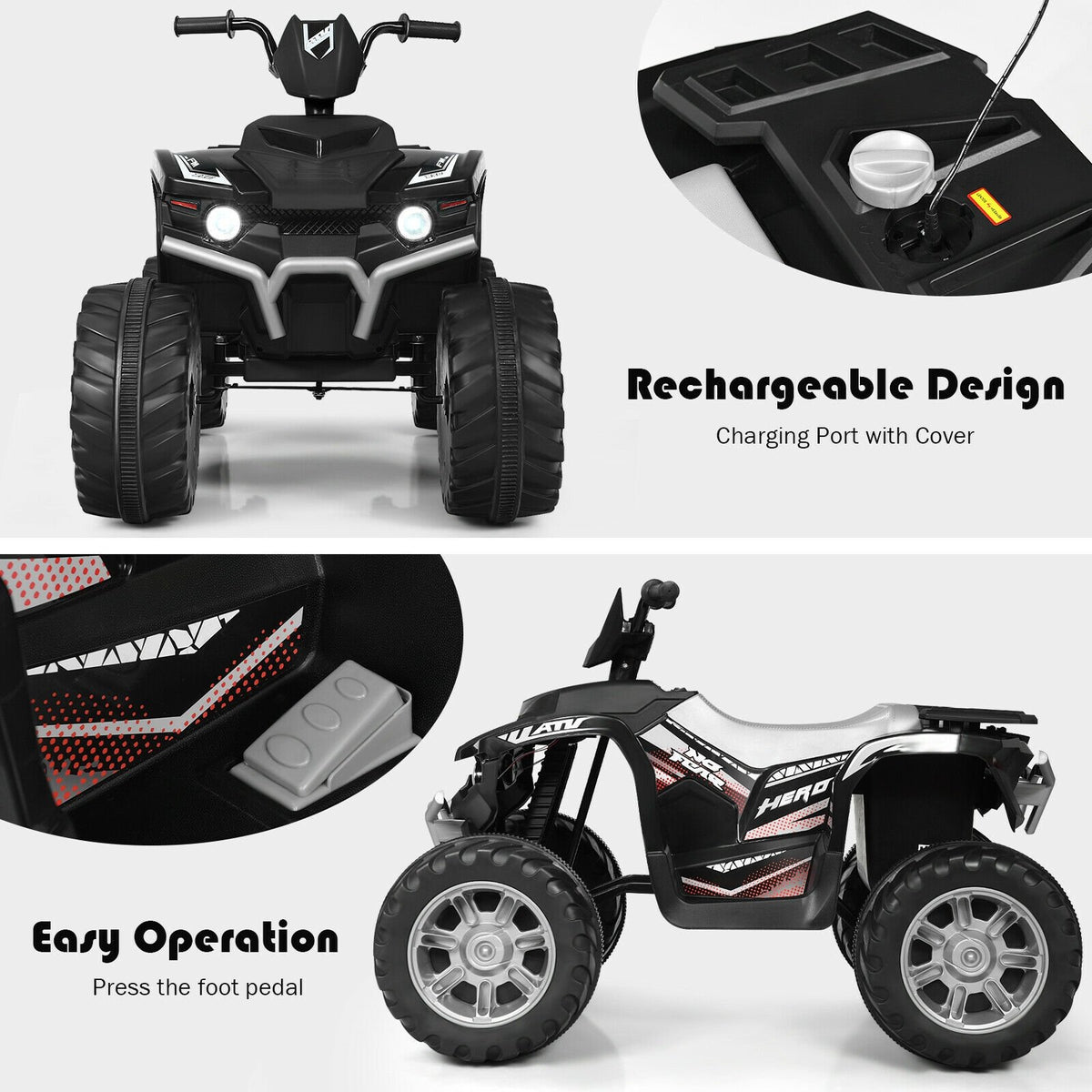 12V Kids Ride on ATV with LED Lights and Treaded Tires and LED lights-Black view 9