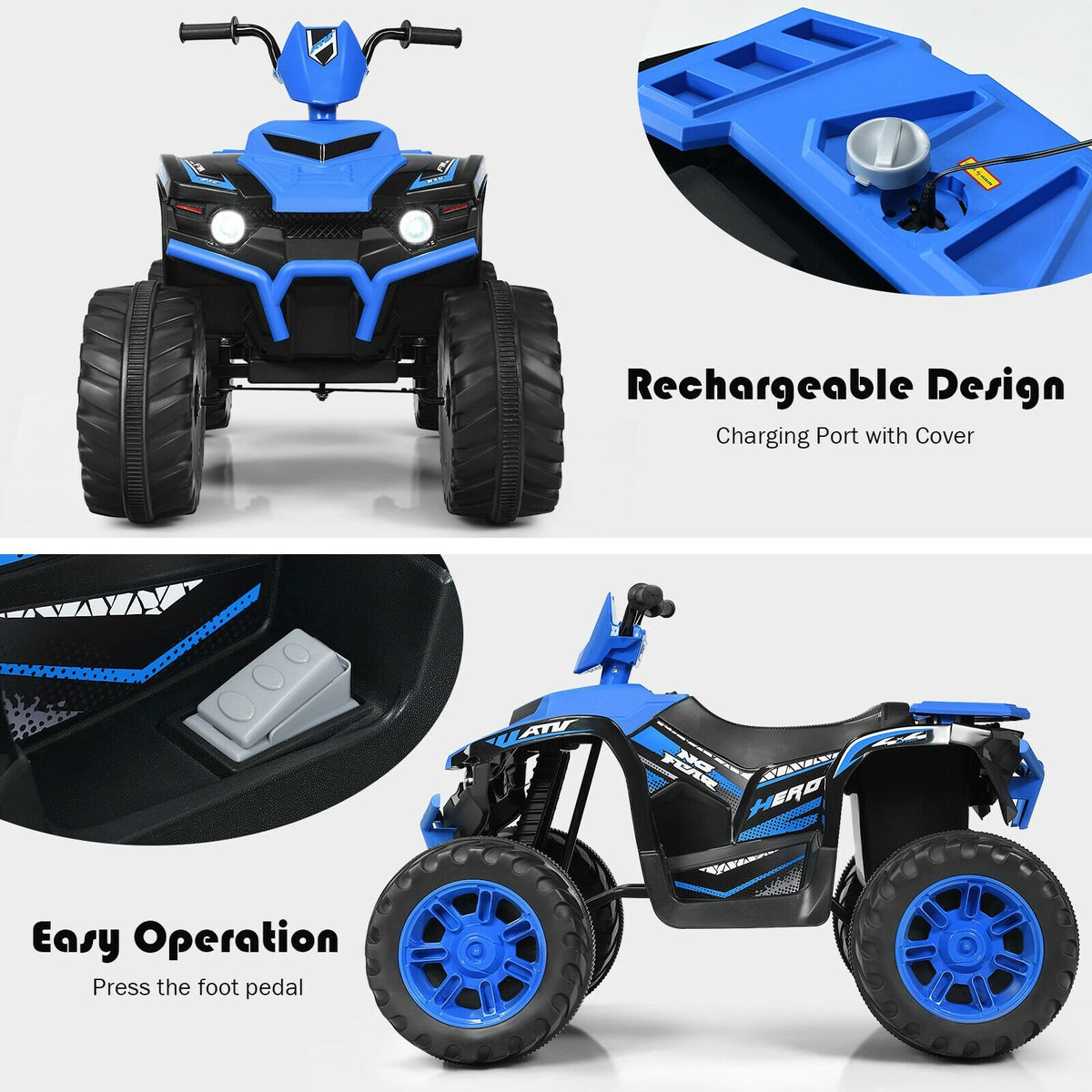 12V Kids Ride on ATV with LED Lights and Treaded Tires and LED lights-Navy view 8