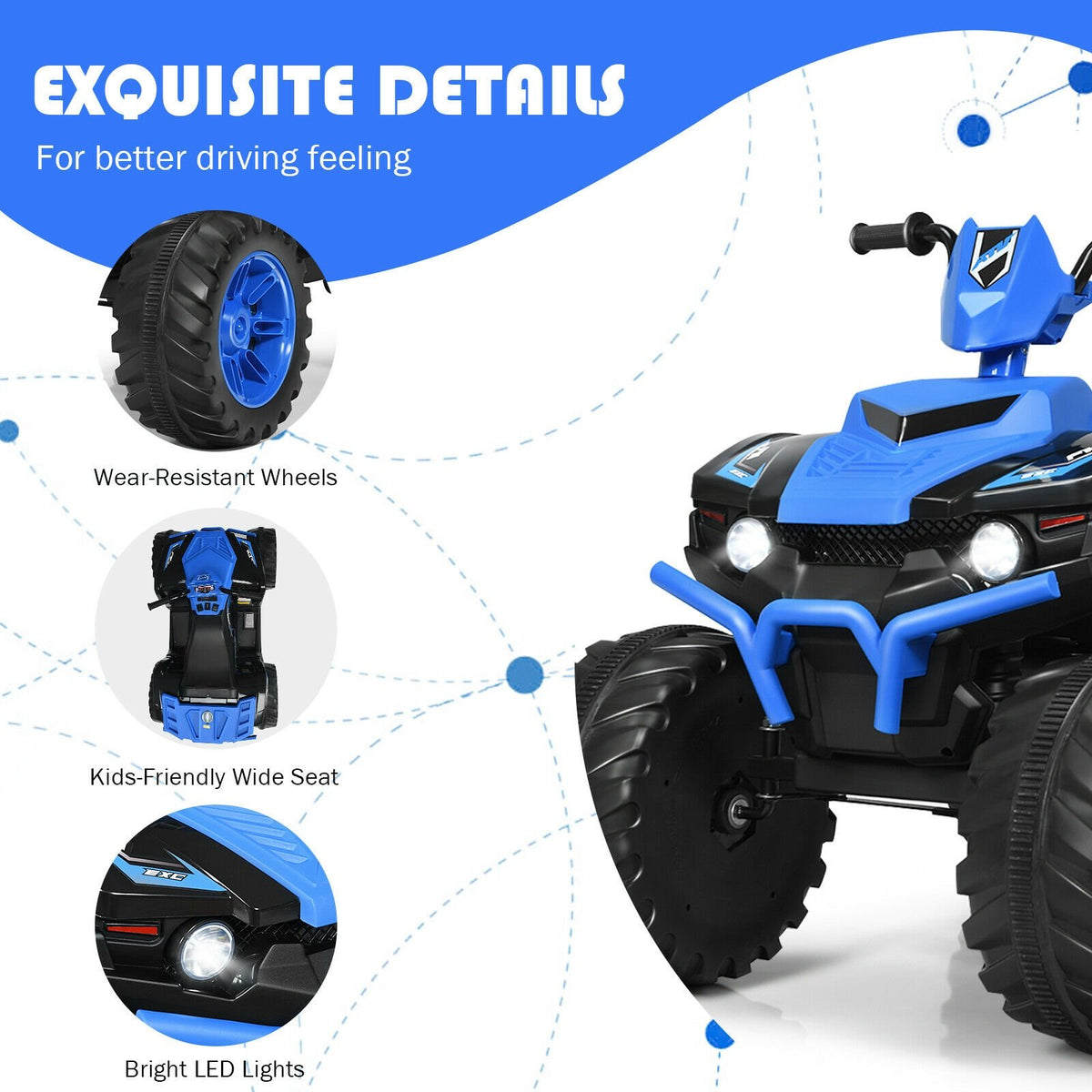 12V Kids Ride on ATV with LED Lights and Treaded Tires and LED lights-Navy view 9