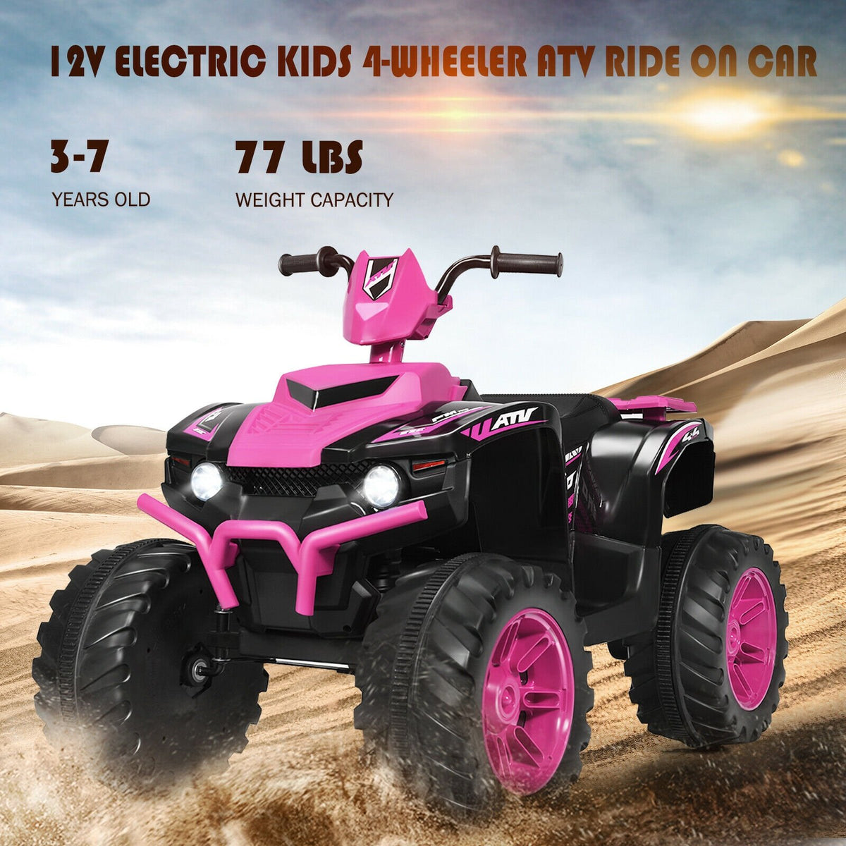 12V Kids Ride on ATV with LED Lights and Treaded Tires and LED lights-Pink view 8
