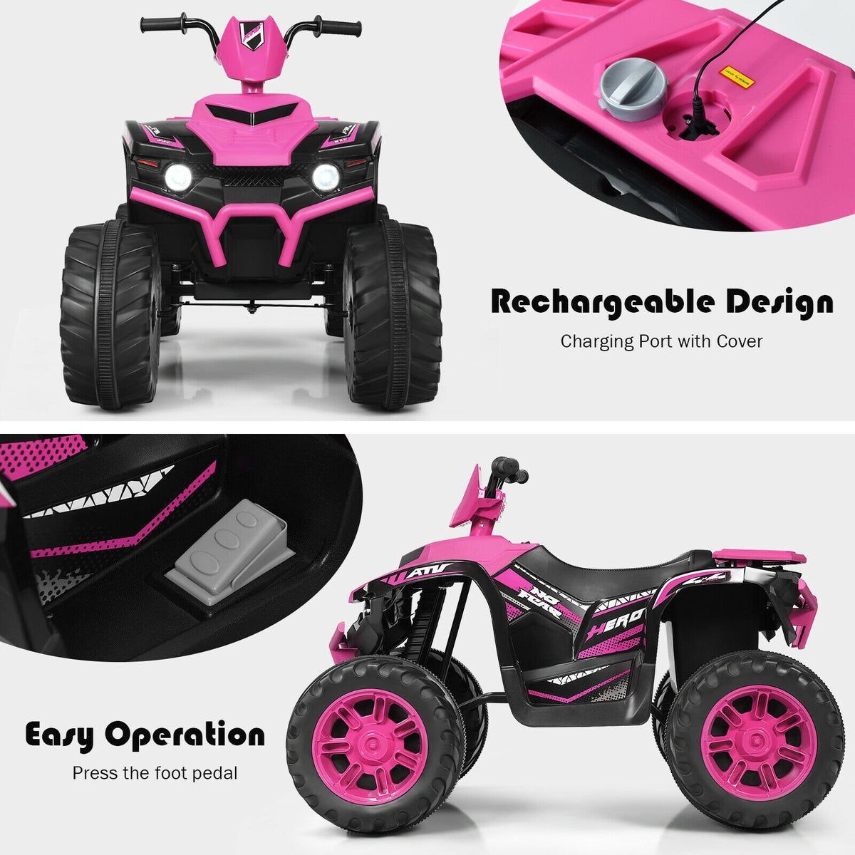 12V Kids Ride on ATV with LED Lights and Treaded Tires and LED lights-Pink view 9