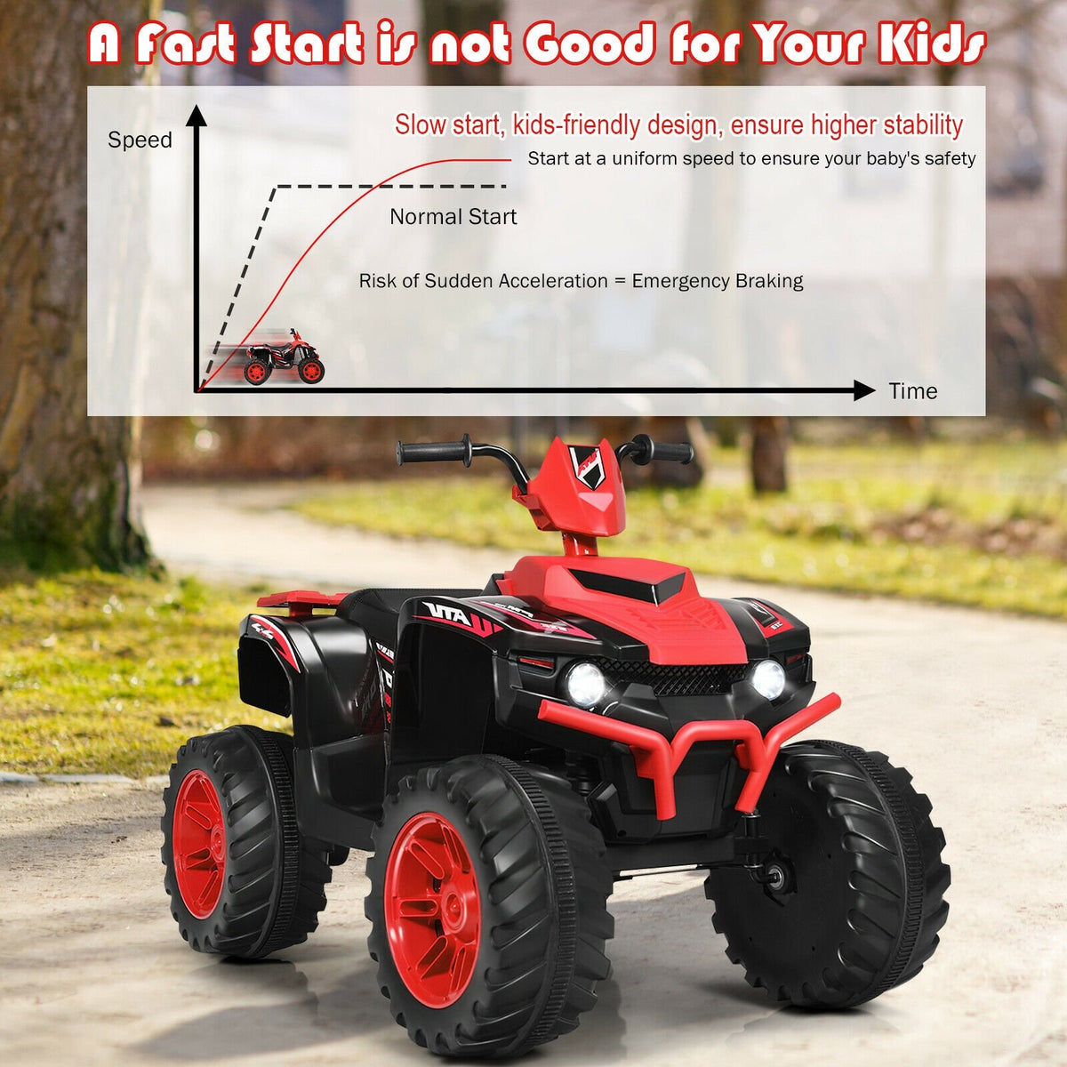 12V Kids Ride on ATV with LED Lights and Treaded Tires and LED lights-Red view 6