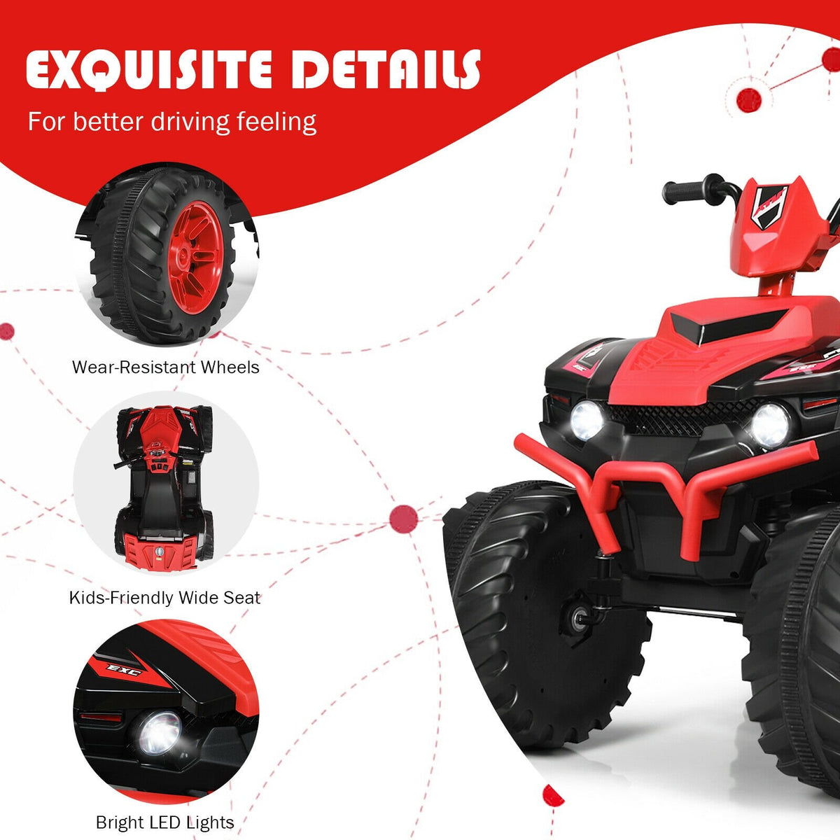 12V Kids Ride on ATV with LED Lights and Treaded Tires and LED lights-Red view 8