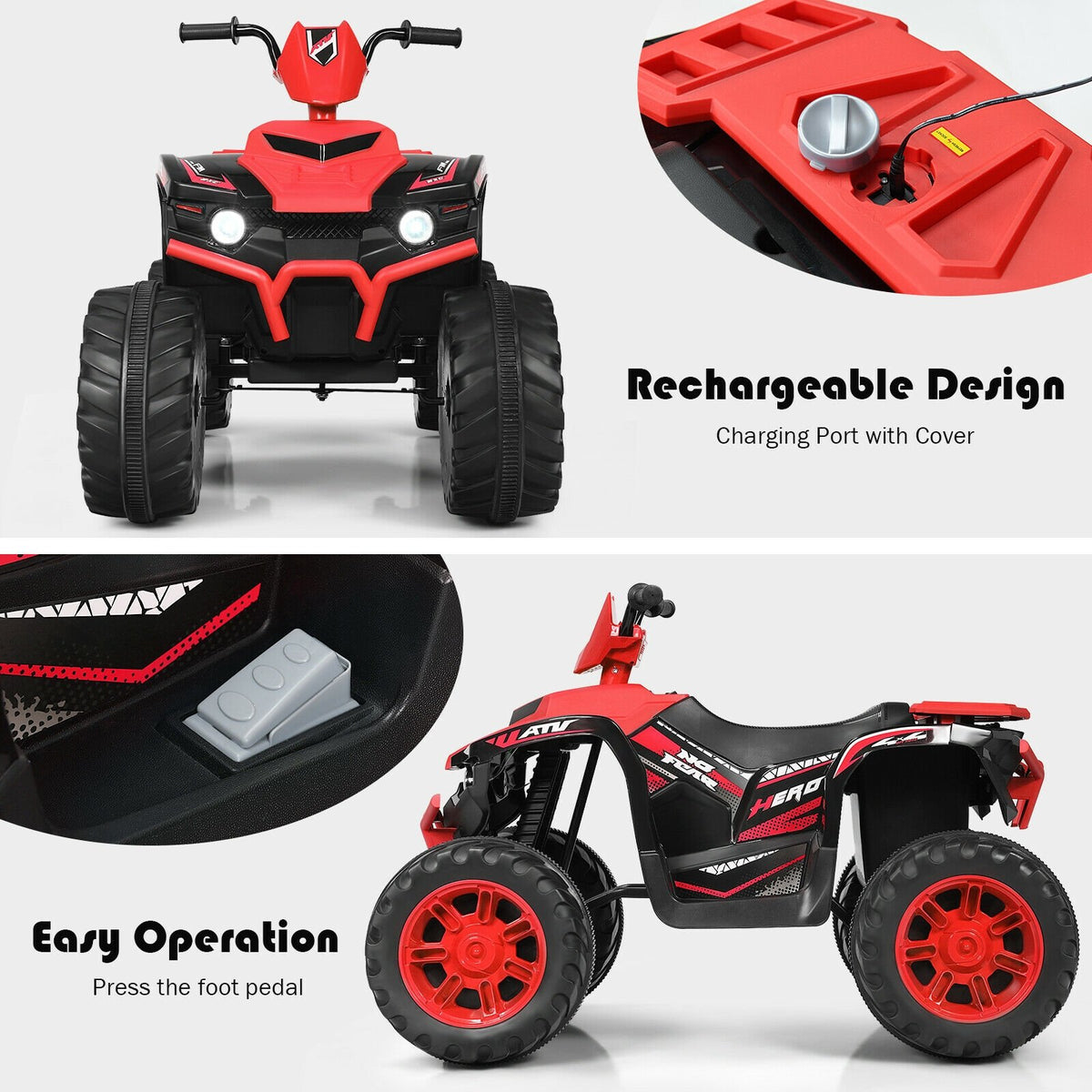 12V Kids Ride on ATV with LED Lights and Treaded Tires and LED lights-Red view 9