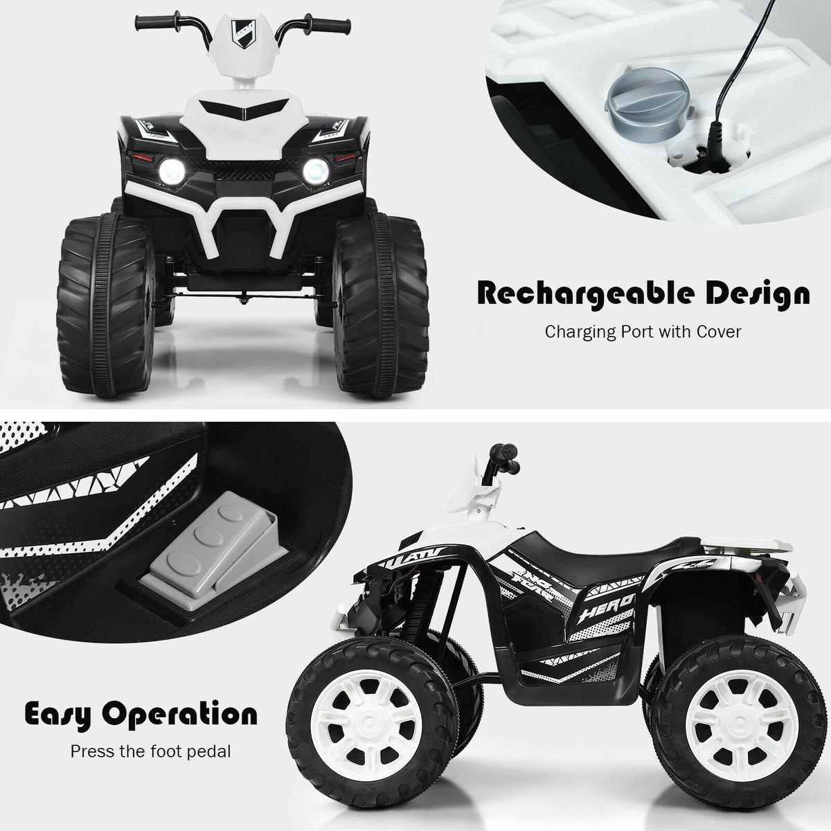 12V Kids Ride on ATV with LED Lights and Treaded Tires and LED lights-White view 6