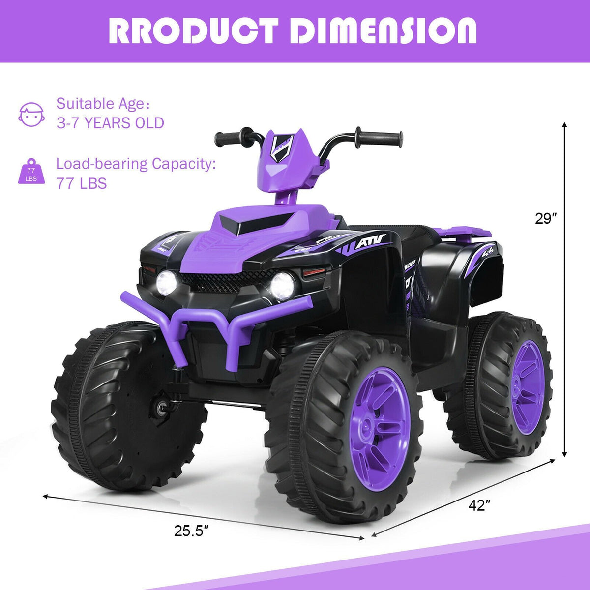 12V Kids Ride on ATV with LED Lights and Treaded Tires and LED lights-Purple view 4