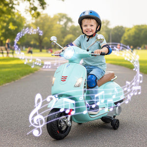 12V Kids Electric Motorcycle Licensed VESPA with Music and Training Wheels-Green view 2