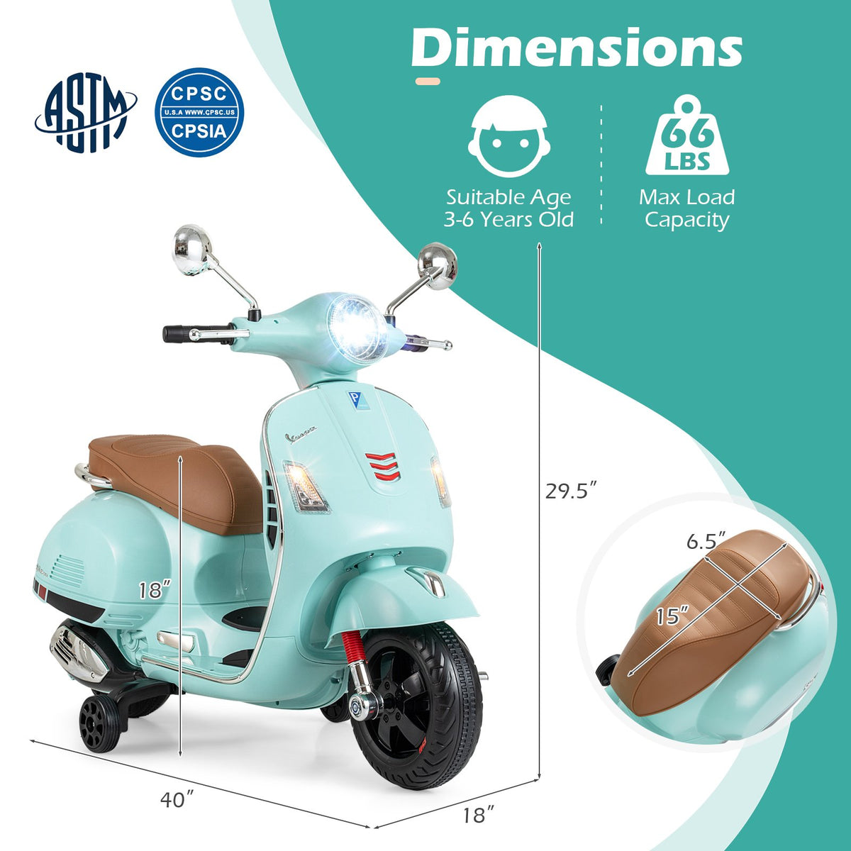 12V Kids Electric Motorcycle Licensed VESPA with Music and Training Wheels-Green view 4