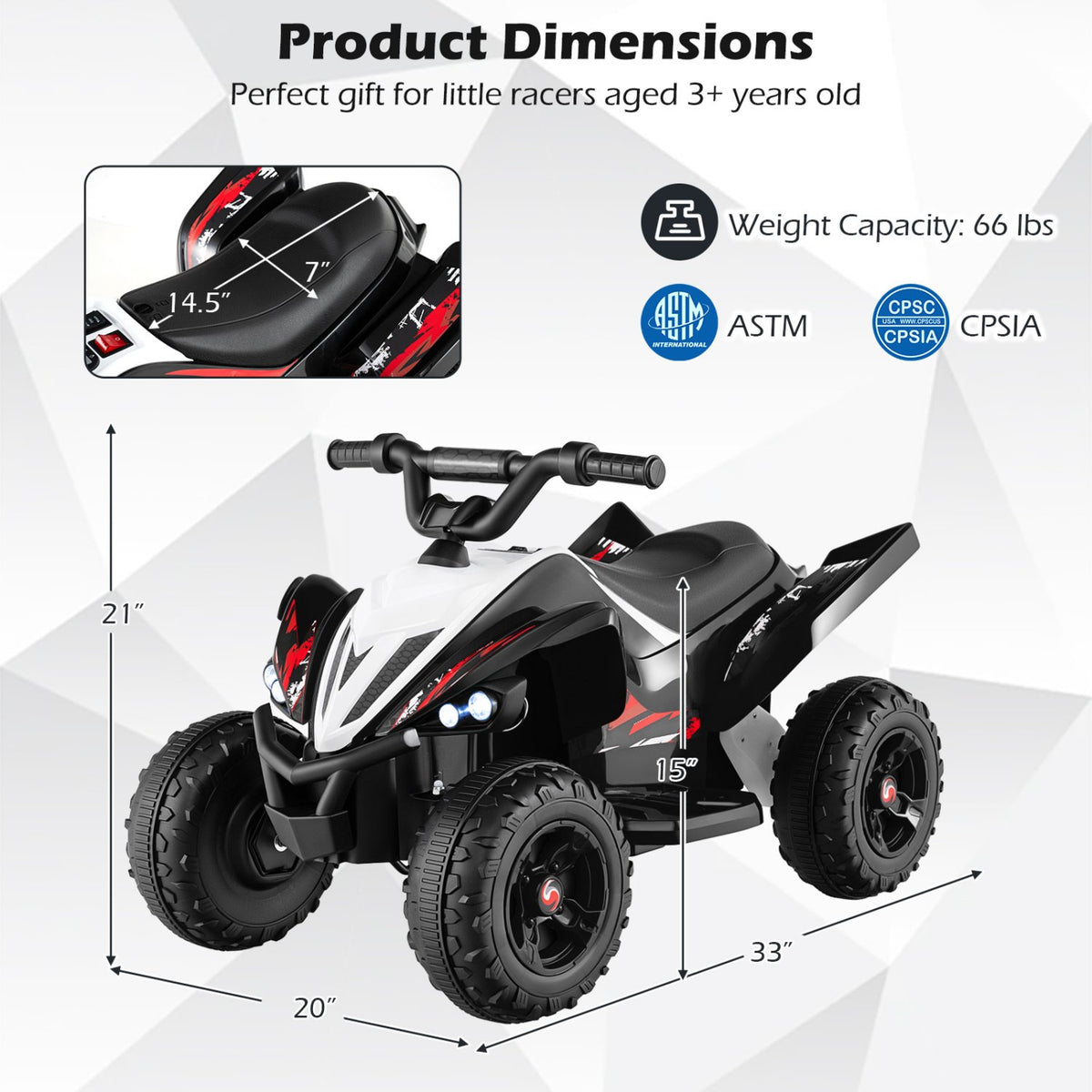 12V Kids Ride On ATV 4-Wheeler Quad with LED Lights and 7 mph Max Speed-Black view 5