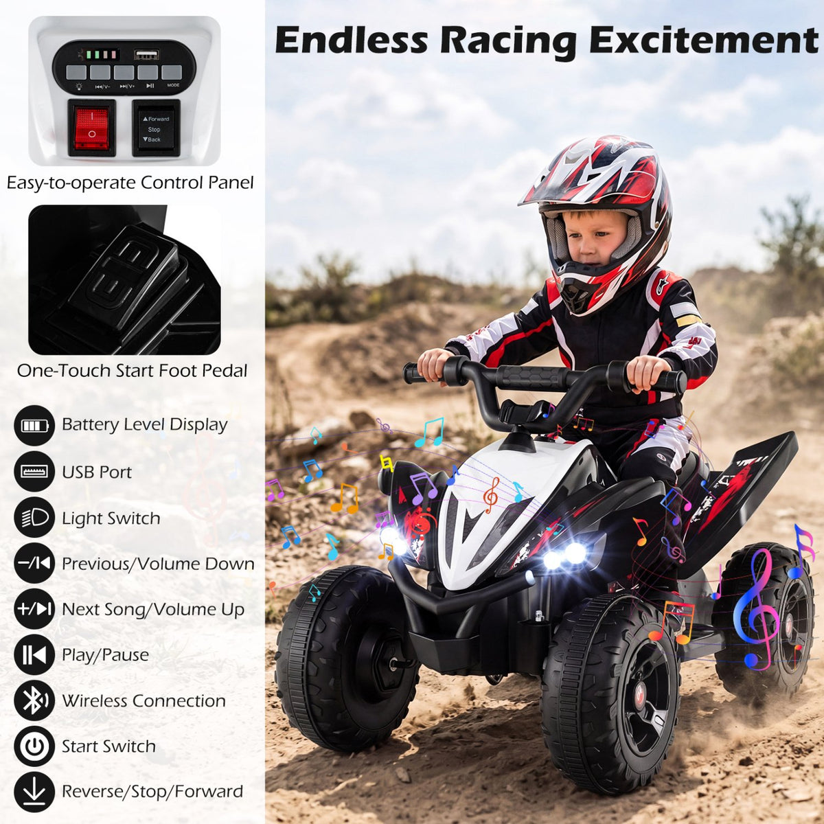 12V Kids Ride On ATV 4-Wheeler Quad with LED Lights and 7 mph Max Speed-Black view 6