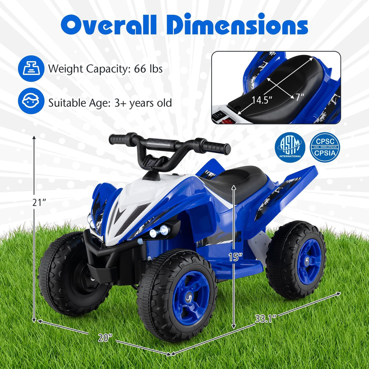 12V Kids Ride On ATV 4-Wheeler Quad with LED Lights and 7 mph Max Speed-Navy view 5