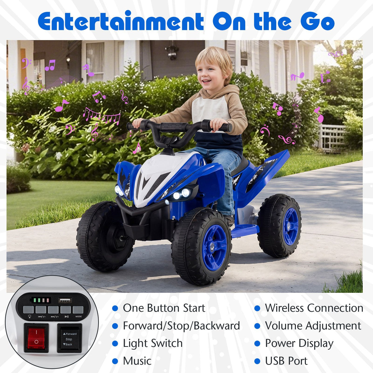 12V Kids Ride On ATV 4-Wheeler Quad with LED Lights and 7 mph Max Speed-Navy view 8