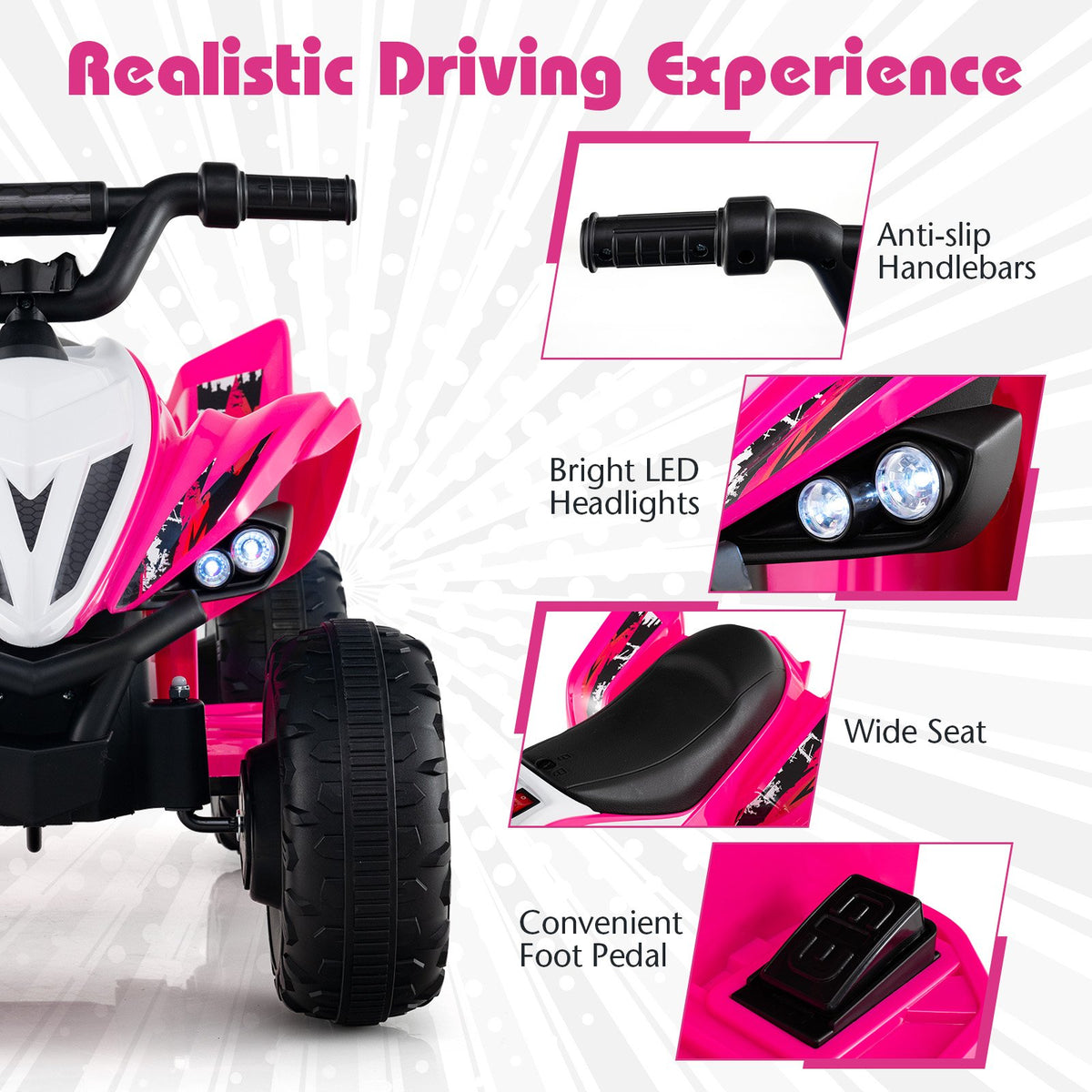 12V Kids Ride On ATV 4-Wheeler Quad with LED Lights and 7 mph Max Speed-Pink view 7