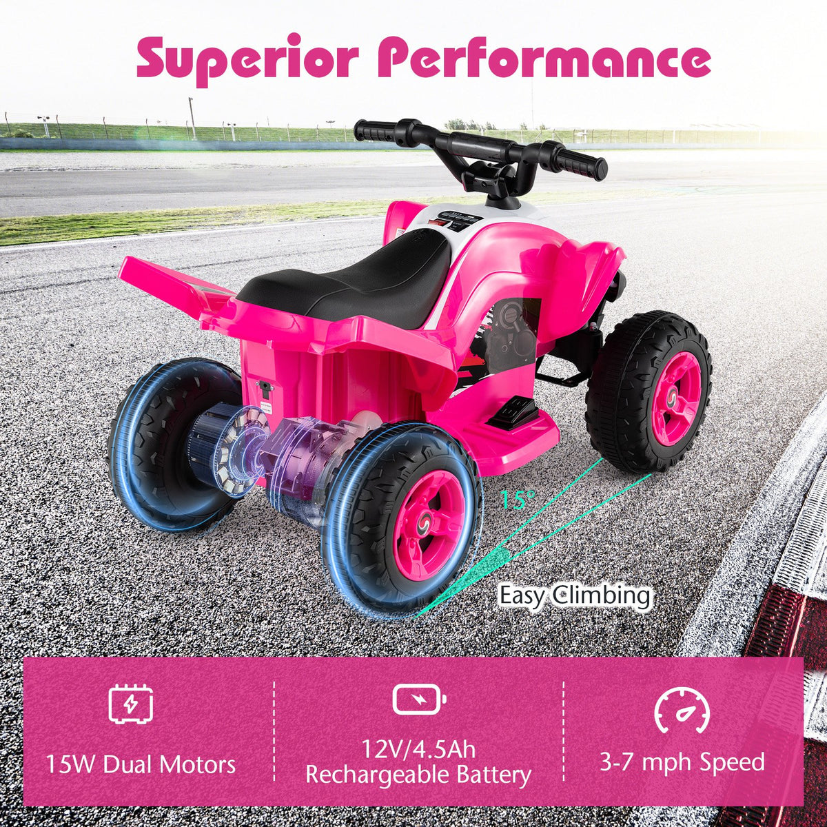 12V Kids Ride On ATV 4-Wheeler Quad with LED Lights and 7 mph Max Speed-Pink view 8